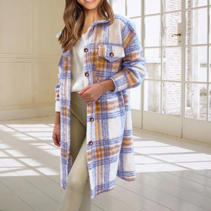 

Осень-зима 2021, длинные женские пальто, новое однобортное клетчатое шерстяное пальто с лацканами и карманами в стиле «гусиные лапки», повсед...