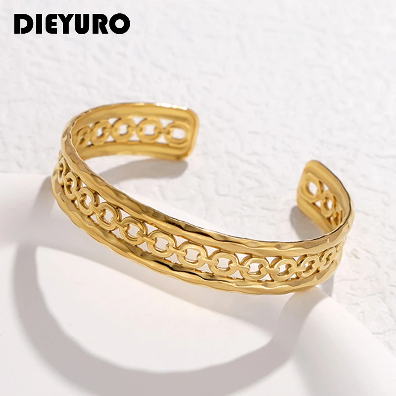 

DIEYURO 316L Stainless Steel Openwork Adjustable Cuff Bracelet For Women Girl New Trend Bangles Non-fading Jewelry Gift Party