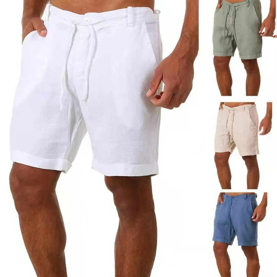 

New 100% cotton linen Men's Shorts Summer 2021 Pure color lace-up sports shorts Men's casual high-waisted sportswear