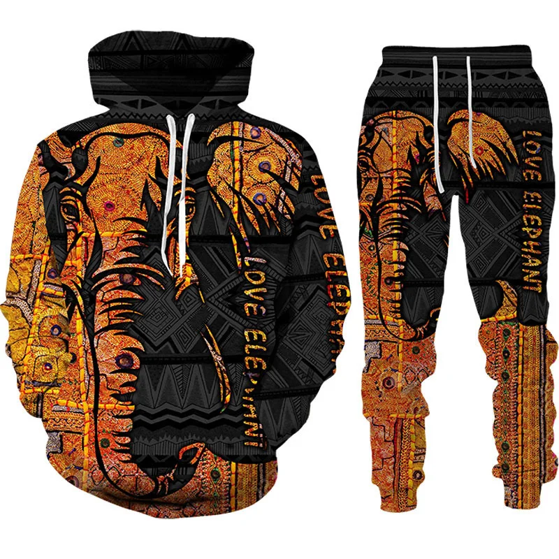 

African Elephant 3d Print Sweatshirt Hoodies Set 2pc Men's Tracksuit/pullover/sweatpants Male Sportswear Vintage Men's Clothing