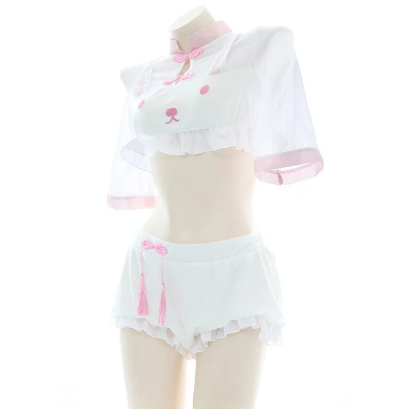 Kawaii Pajama Set Summer Ruffles Cheongsam Sleep Tops with Shorts Suit Women Loungewear Cute Sexy Sleepwear Bedroom Set White