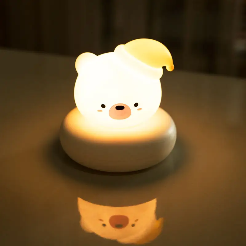 Cute Duck Bear Night Lights Led USB Rechargeable Cartoon Soft Silicone Lamp Patting Switch Children Kid Gift Bedroom Decoration