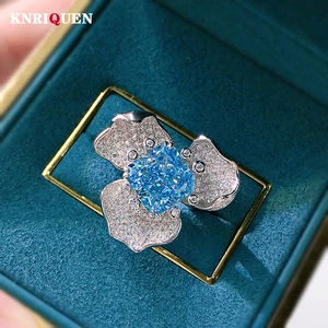 2022 Trend 100% 925 Sterling Silver 10*10MM Aquamarine Stone Flower Rings for Women Charms Wedding Band Party Fine Jewelry Gift