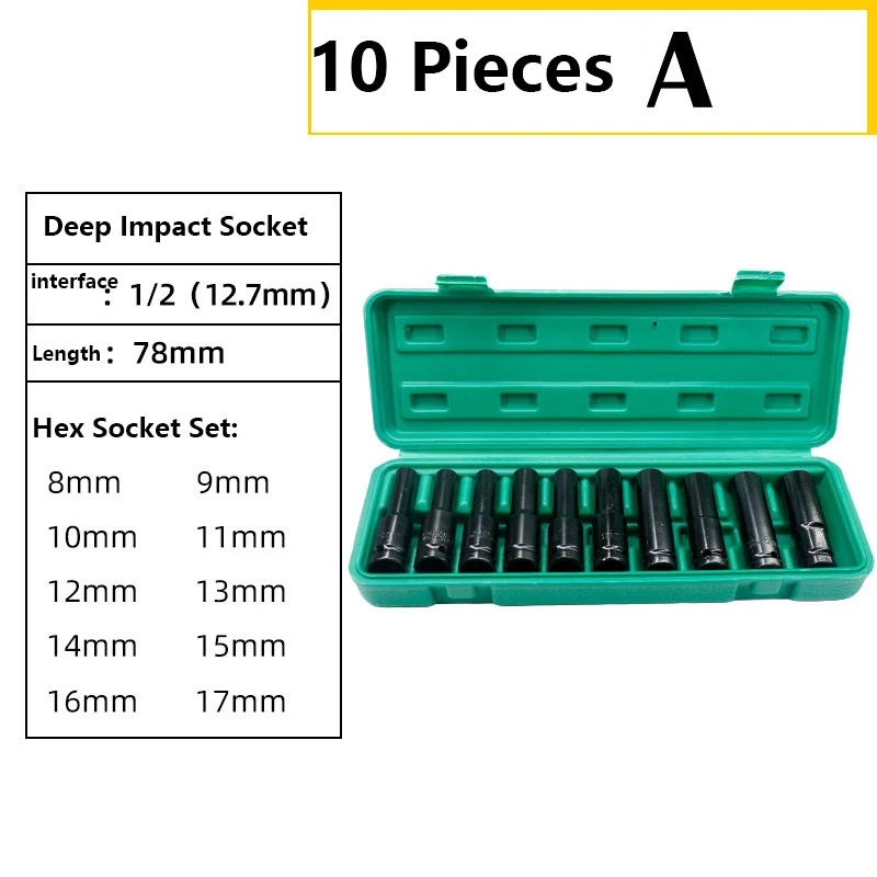 

10 Pieces 1/2” Impact Socket Set, Drive Hex Impact Socket Set Universal Socket Metric Sizes Carbon Steel Impact Heads