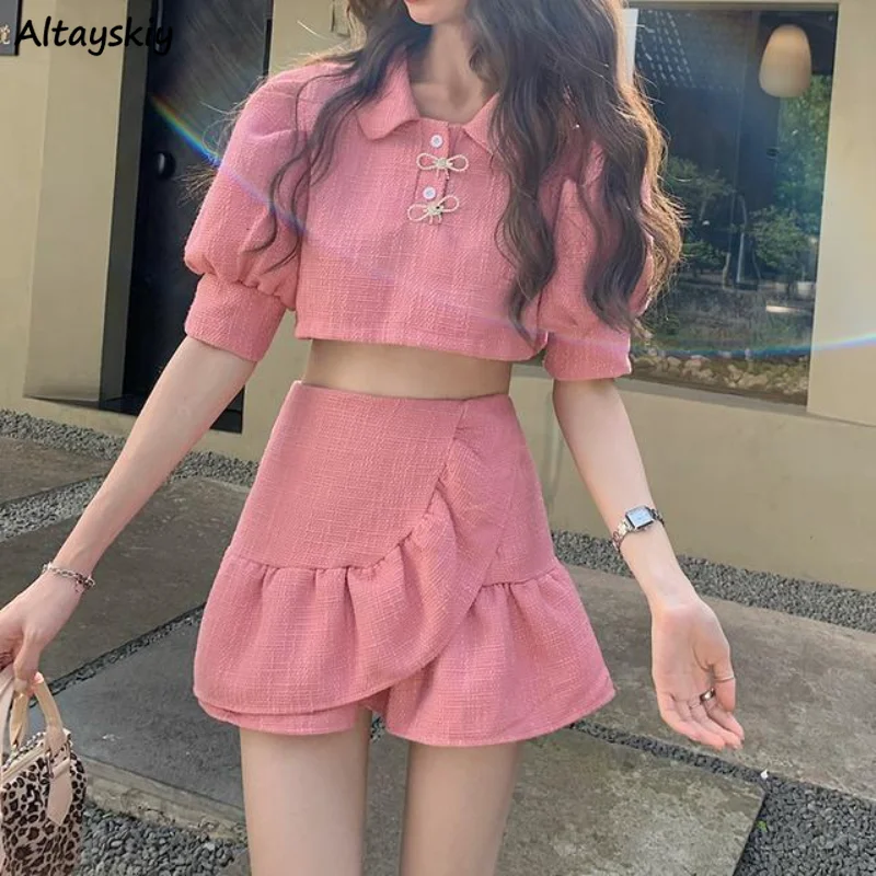 

2 Pieces Sets Women Sweet Girlish Summer Casual Puff Sleeve T-shirts Irregular Skirts Korean Style Popular Age-reducing Gentle