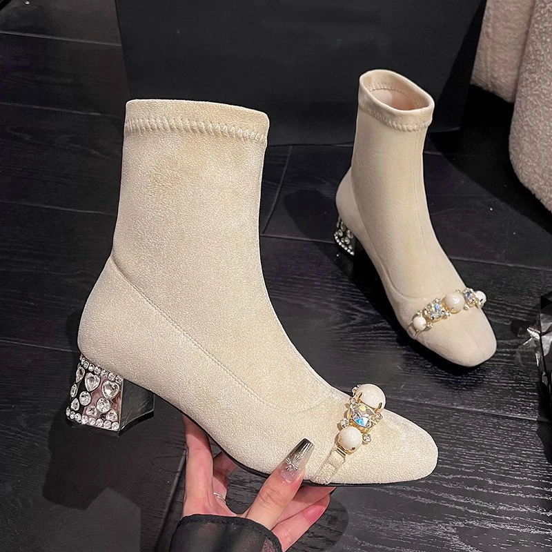 Роскошные женские ботильоны на высоком каблуке с кристаллами зимние замшевые