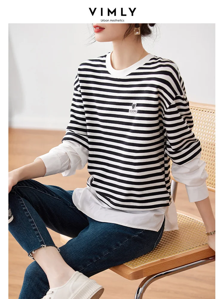 

Рубашка Vimly в стиле пэчворк, белая полосатая футболка, свободная футболка с длинным рукавом, женские весенние хлопковые повседневные топы с ...