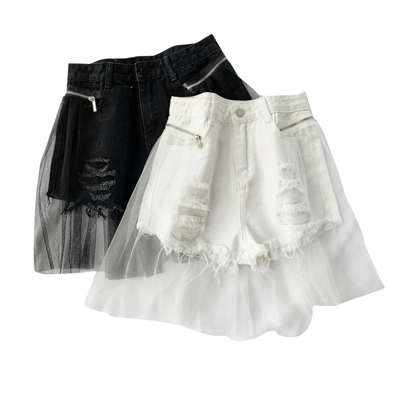 Women Patchwork High Waist Slim Denim Shorts Summer Sexy Hole Solid Jeans Shorts Ladies All-Match Bottom with Mesh Feminino Chic