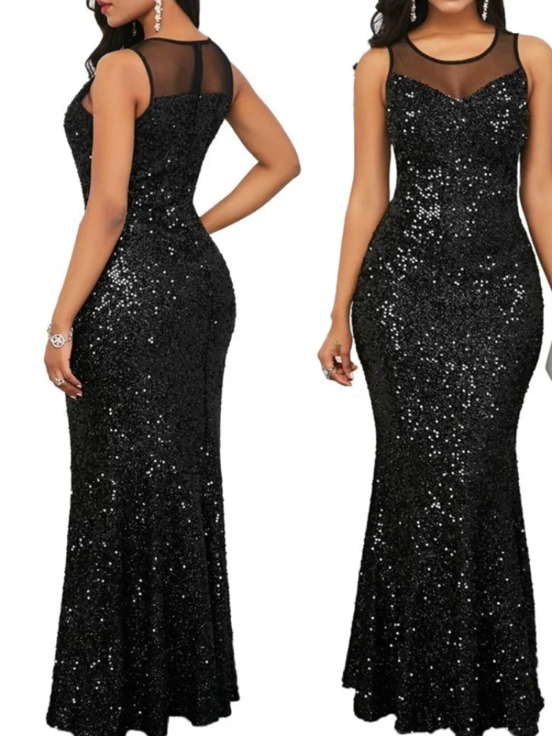 

2022 Sexy Black Sequins Shinny Long Dress Women Sleeveless Elegant Evening Maxi Mermaid Dresses