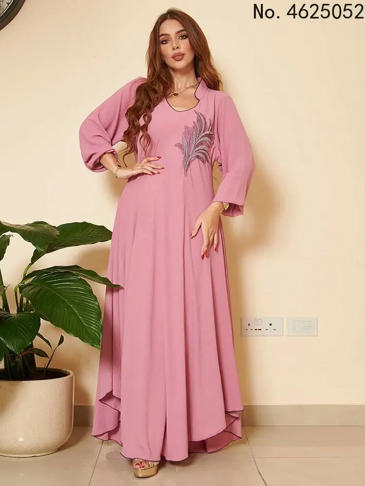 

Elegant Long Maxi Dress Women Fashion Crew Neck Pleated Robe Appliques Asymmetric Hem Casual Loose Ladies Dresses Ramadan