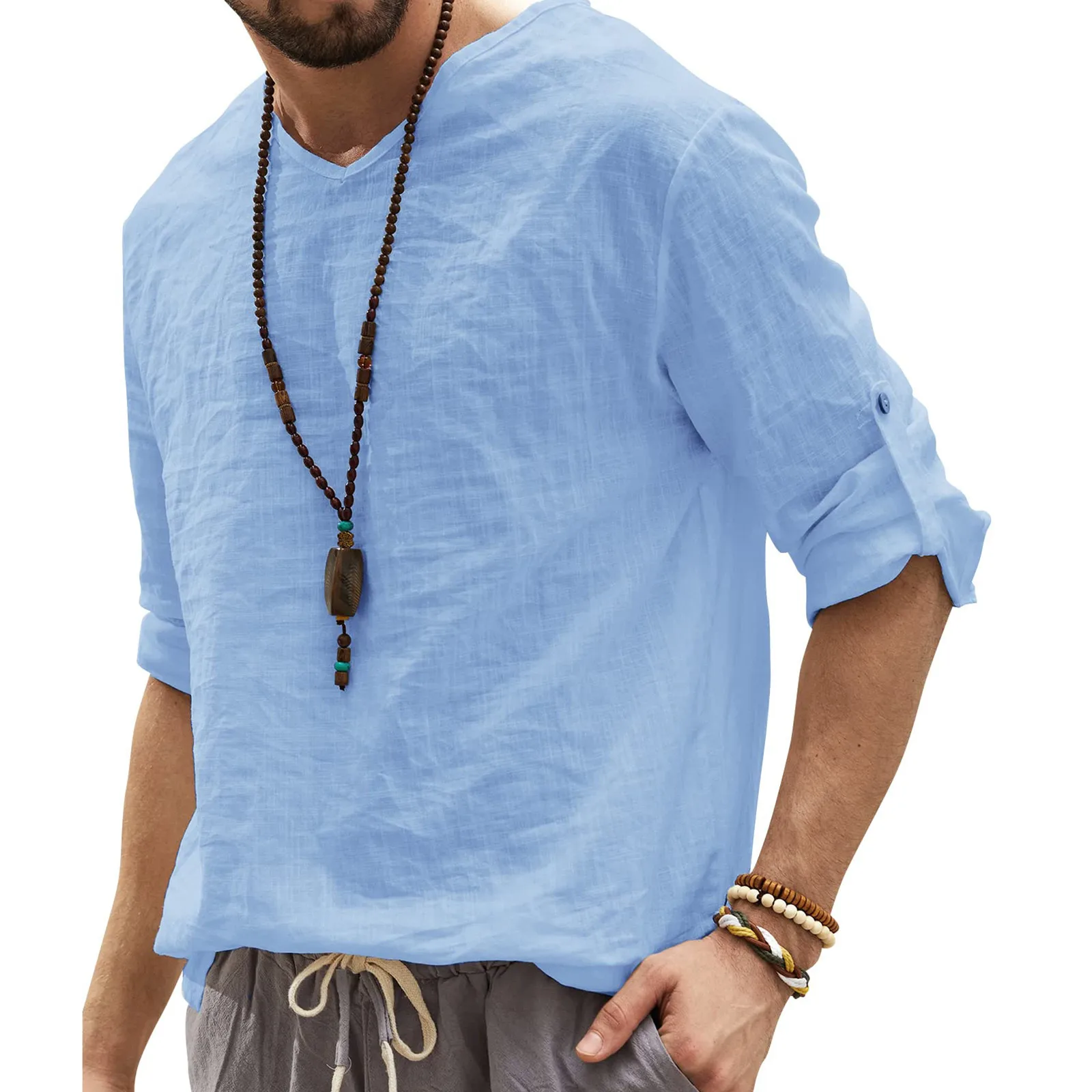 

2023 Men's Cotton Linen Shirt Long Sleeve Hippie Casual Tee Tops Beach Vintage V-neck Loose Pullover Tops Mens Streetwear Shirts