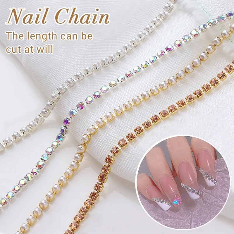 

Nail Rhinestones Chain Silver AB Colors Stone 3D Nail Art Decorations Accessory Metal Steel Ball Chain Charms Jewelry Nail Bead