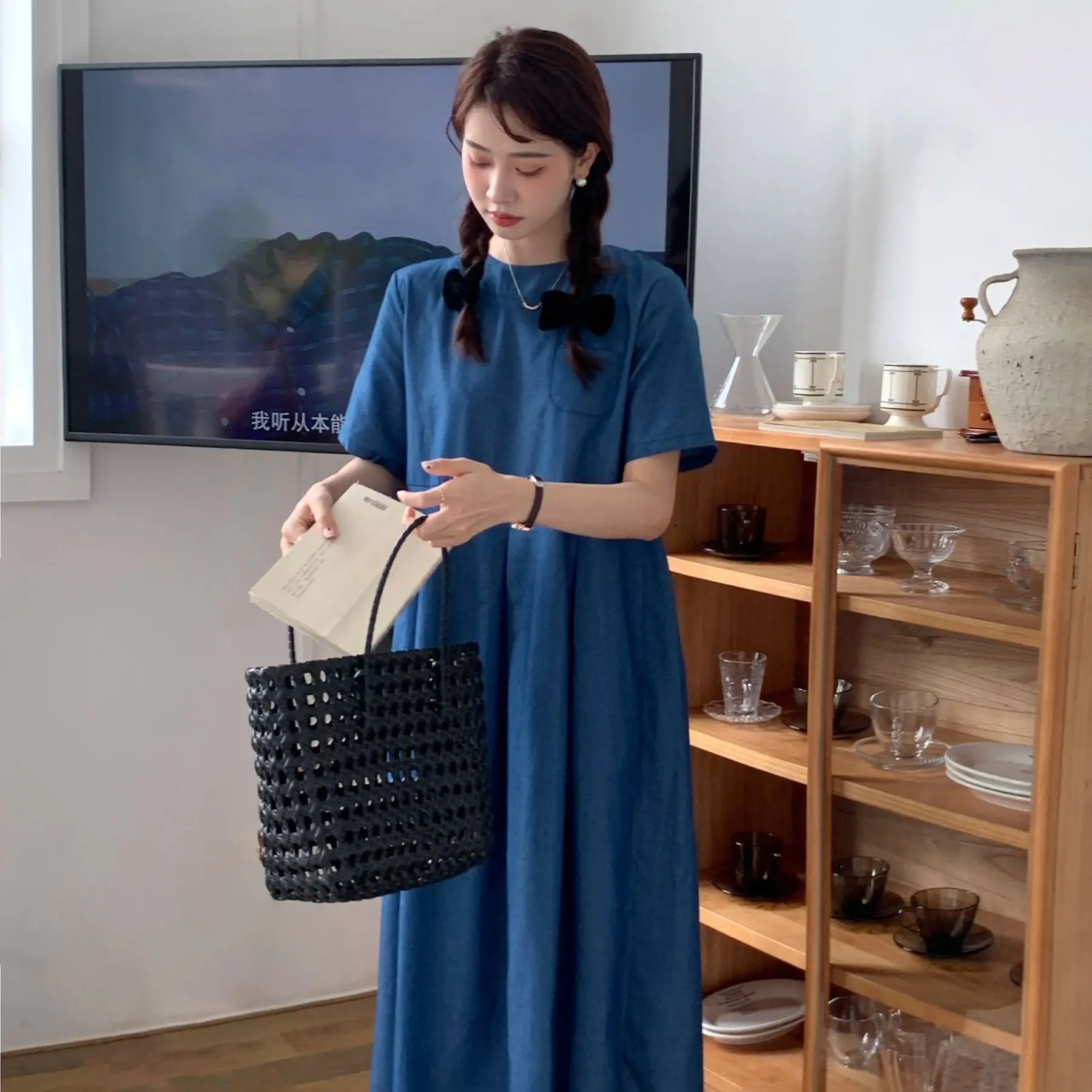 

COIGARSAM Elegant Dresses Women Vintage Short Sleeve High Waist Blue Dress Dropshipping