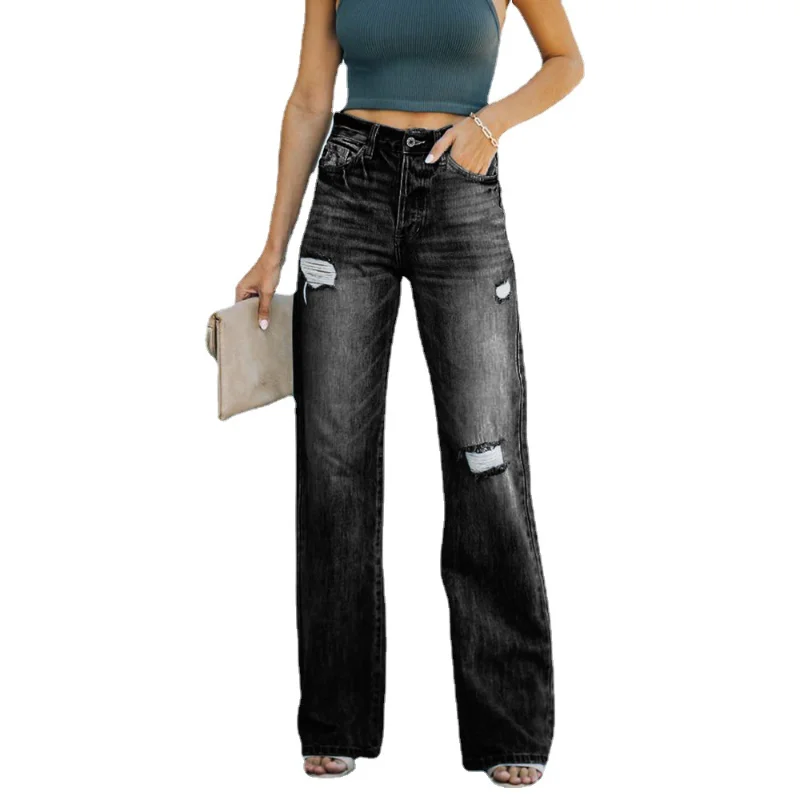 New Straight Casual Wide-leg Pants Temperament Ripped Jeans Women