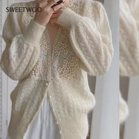 new autumn ladies vintage sweet single breasted hollow pearl blouse streetwear casual tops wild knitted cardigan loose sweater