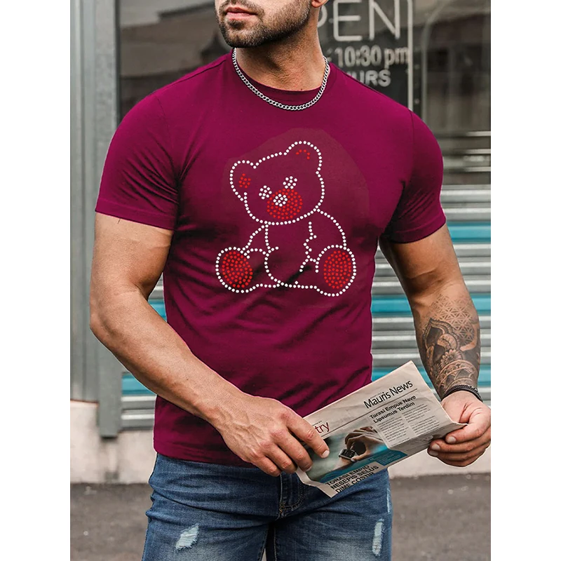 

Fashion Mens Clothing High Quality Oversized Tee y2k Bear Rhinestone Designer Short Sleeve Tops Club Casual Street T-shirts New