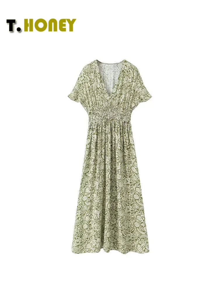 

TELLHONEY Women Fashion V-Neck Pleats Floral Print Dresses Female Casual Short Sleeves High Waist Midi Dresses