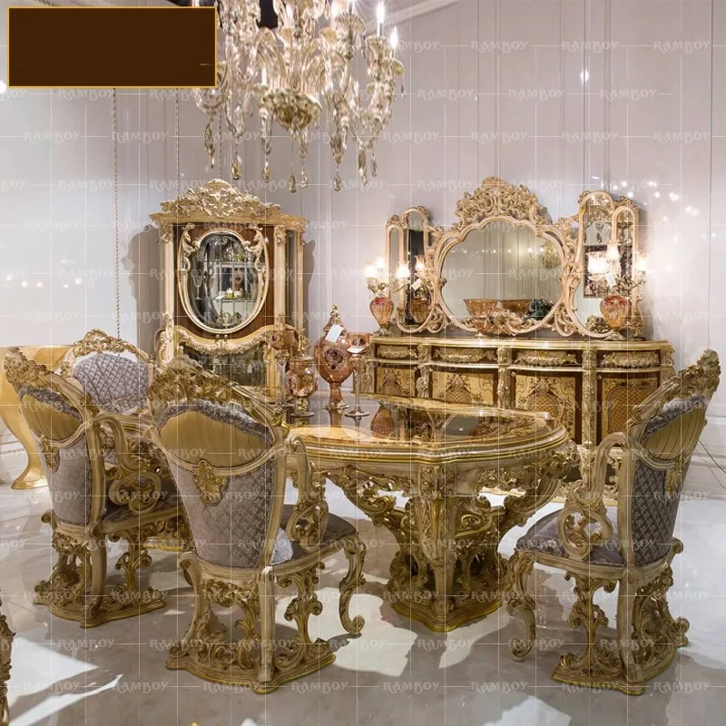 

European solid wood French luxury large family villa dining table and chair combination household dining table