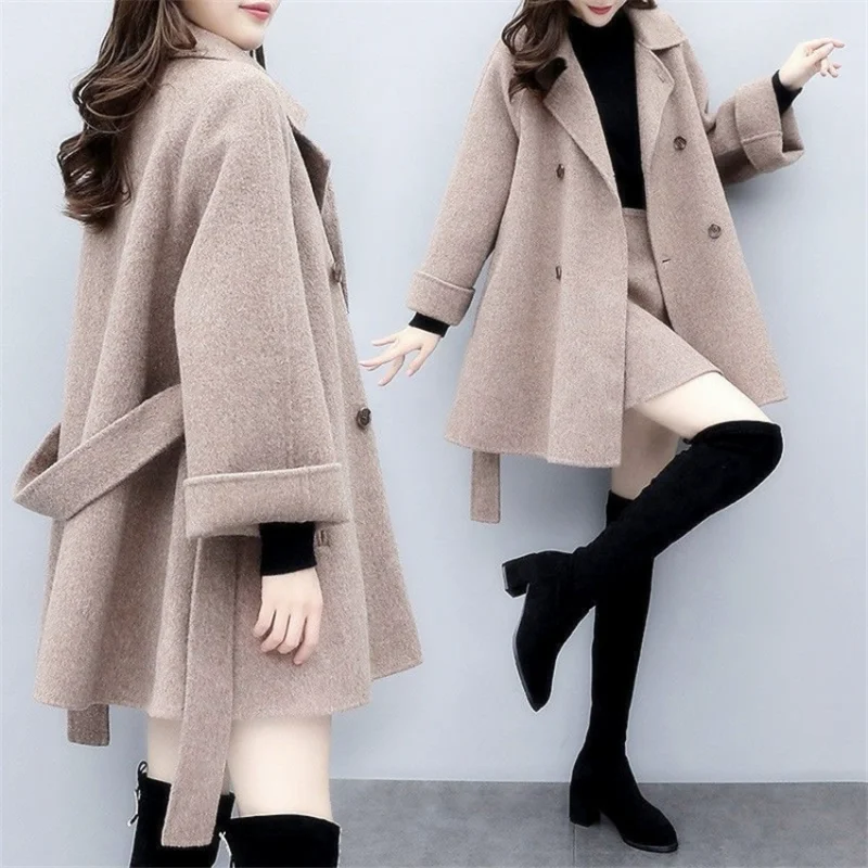 

QNPQYX New Autumn Two Piece Women Coat + Short Skirt Elegant Winter Lady Long Sleeve Blend Coats Suit Short Section Outwear