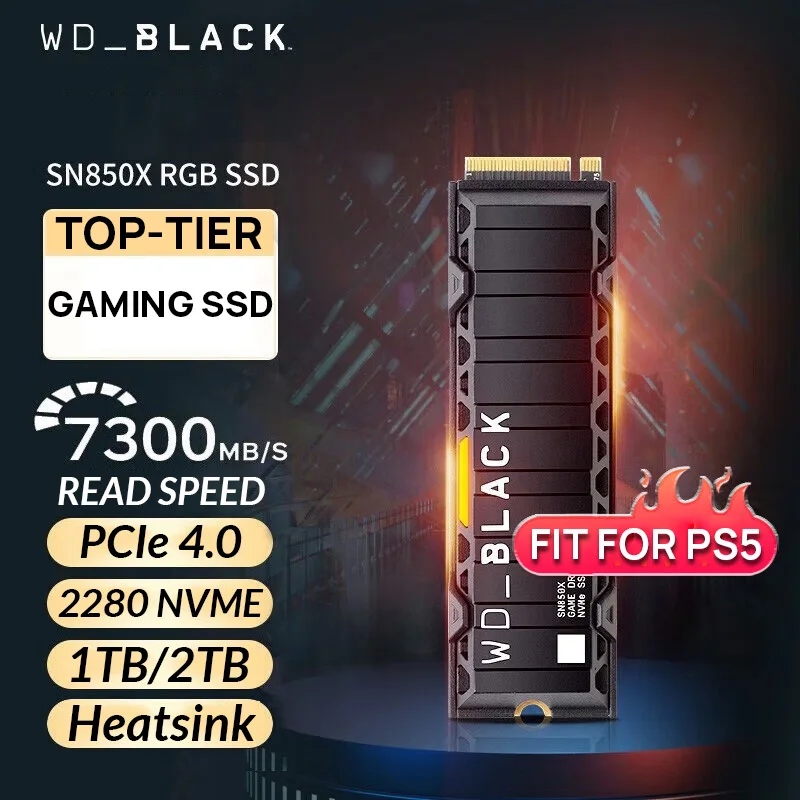 

Western Digital Gaming SSD SN850X RGB with Heatsink 1TB 2TB WD_BLACK M.2 NVMe PCIe 4.0 2280 SSD for PS5 Playstation 5 Computer