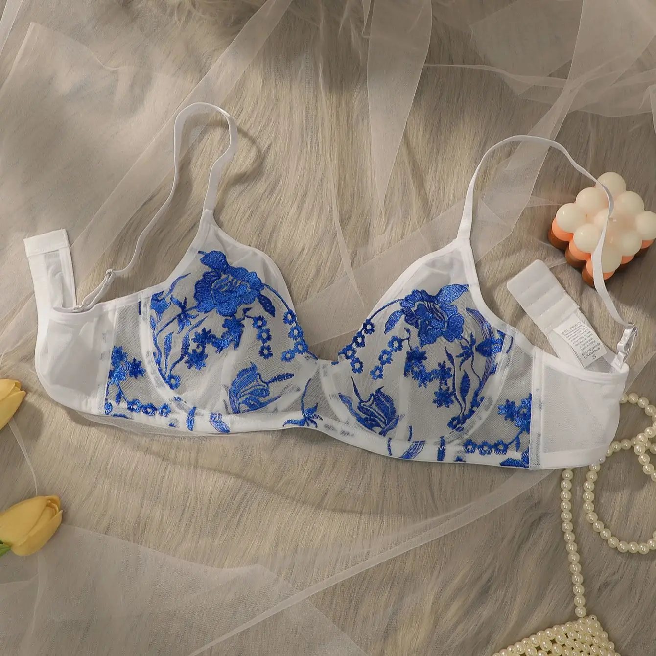 Бюстгальтер пуш-ап женский прозрачный с цветочной вышивкой