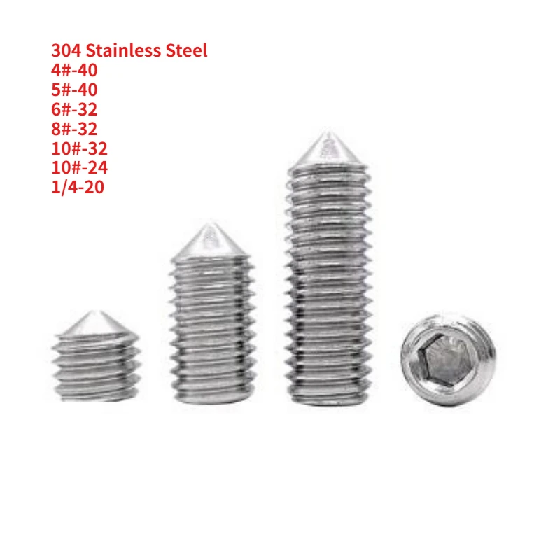 Фото UNC/UNF 4 # -40 5 # -40 6 # -32 8 # -32 10 # -32  10 # -24 1/4-20 Установочные винты с шестигранной головкой из нержавеющей стали 304, винт с конической точкой №1