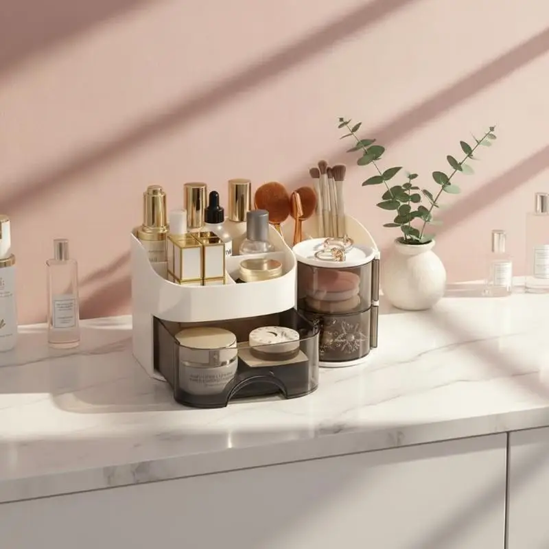 Фото Прозрачный органайзер для макияжа HNK с несколькими отделениями, большой вместимости, для хранения косметики на туалетном столике. №4