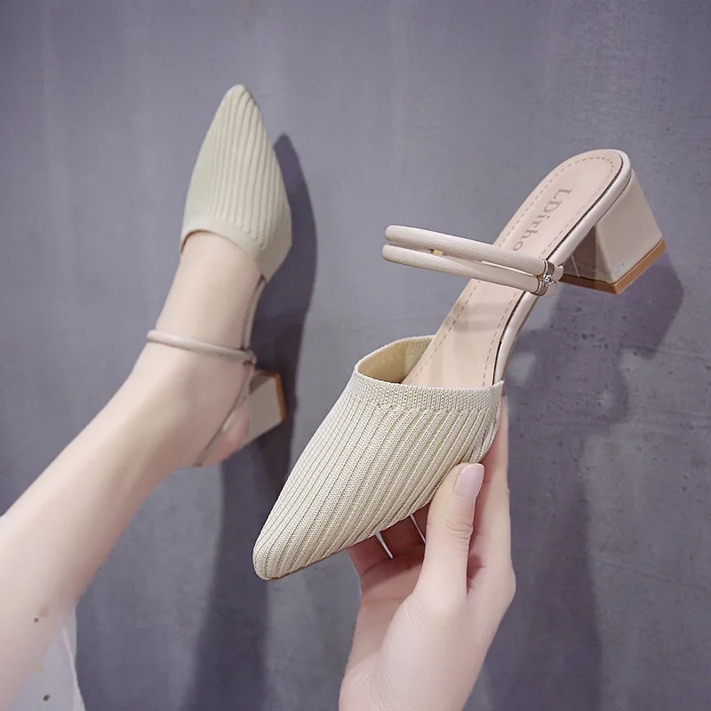 

Сандалии Baotou женские трикотажные, удобные босоножки на среднем каблуке, универсальные модные тапочки, 2023