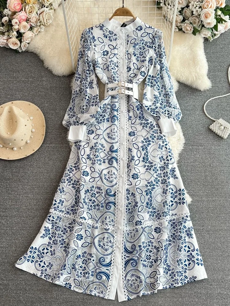 

Женское модельное Платье макси с цветочной вышивкой, однобортное ажурное длинное платье с воротником-стойкой и рукавами-фонариками, 2023