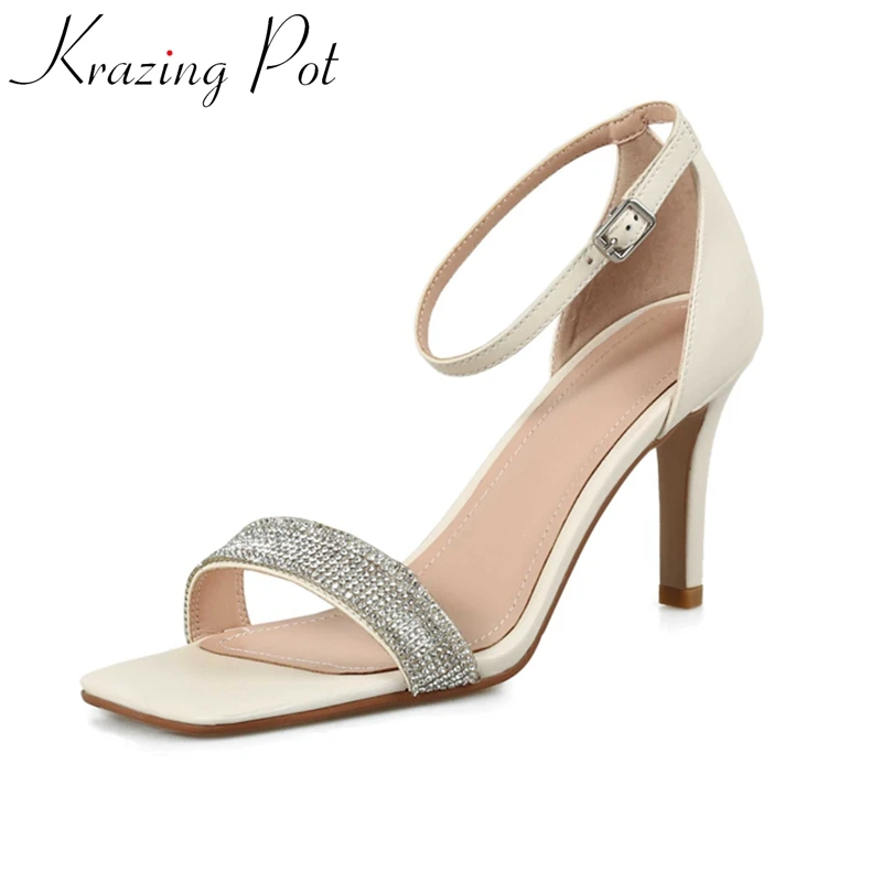 

Krazing Pot 2022 Genuine Leather Peep Toe Stiletto High Heel Rhinestone Korean Style Beauty Lady Evening Party Women Sandals L15