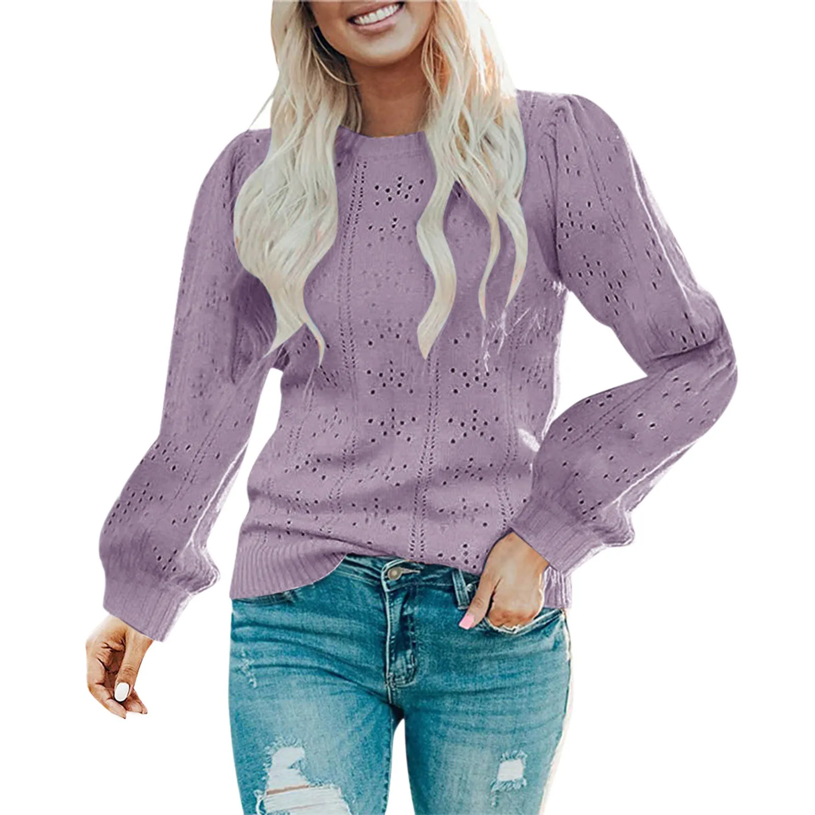 Women Fashion Solid Color Long Sleeve Round Neck Hollow Out Casual Top Sweater Woman Sweatshirt