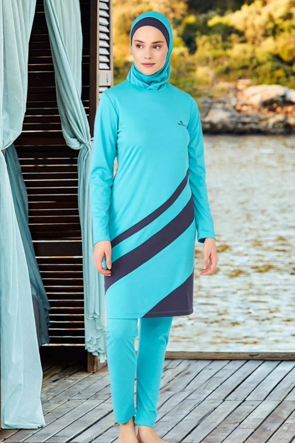 

Muslim Burkinis Cross Stripe Fully Covered Mint Swimwear Modest Summer Clothing Hijab Sport Swimsuit Islamic Full Cover