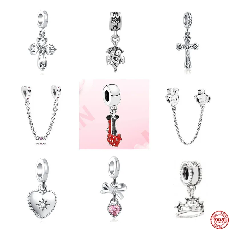 

New Hang Heart Safety Red Shoe Cross 925 Sterling Silver Diy Beads Fit Original pandora Charms Bracelet Jewelry Women Acessories