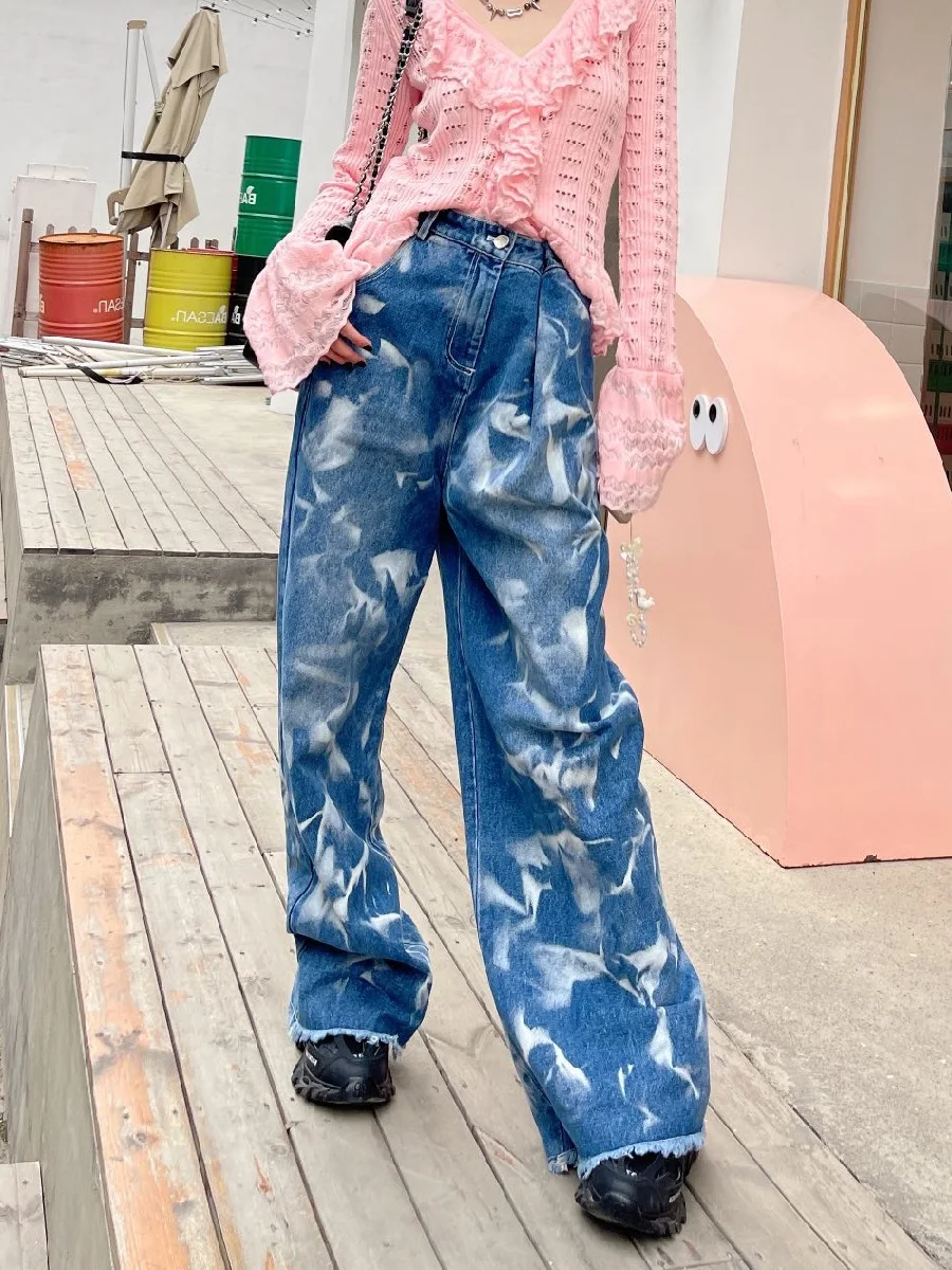 

2023 Summer Women's Printing and Dyeing Flavors Loose Leisure Women's Jeans Y2K clothes new high -quality trousers traf bra