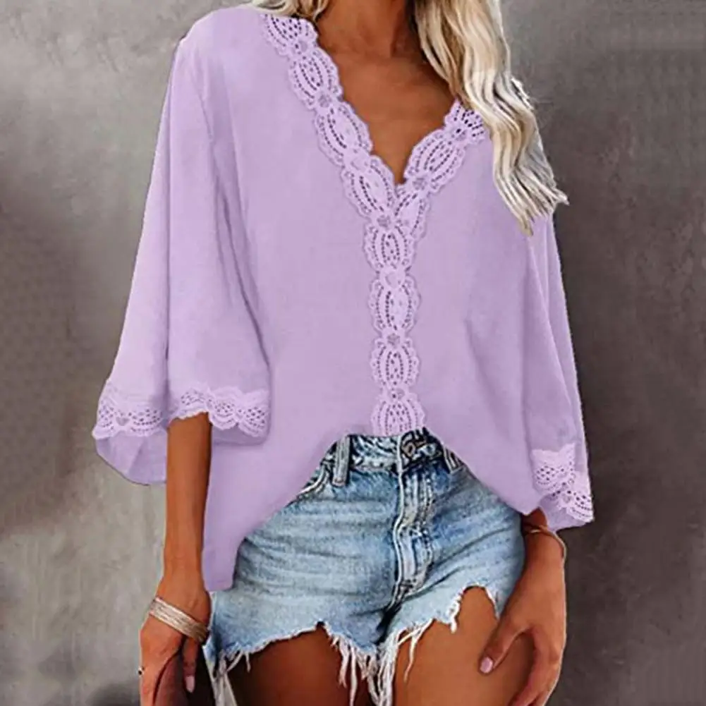 

V-neck Summer Blouse Flared 3/4 Sleeves Loose Shirt Solid Color Elegant Vintage Lace Trim Pullover Blouse Beach Shirt Blusas