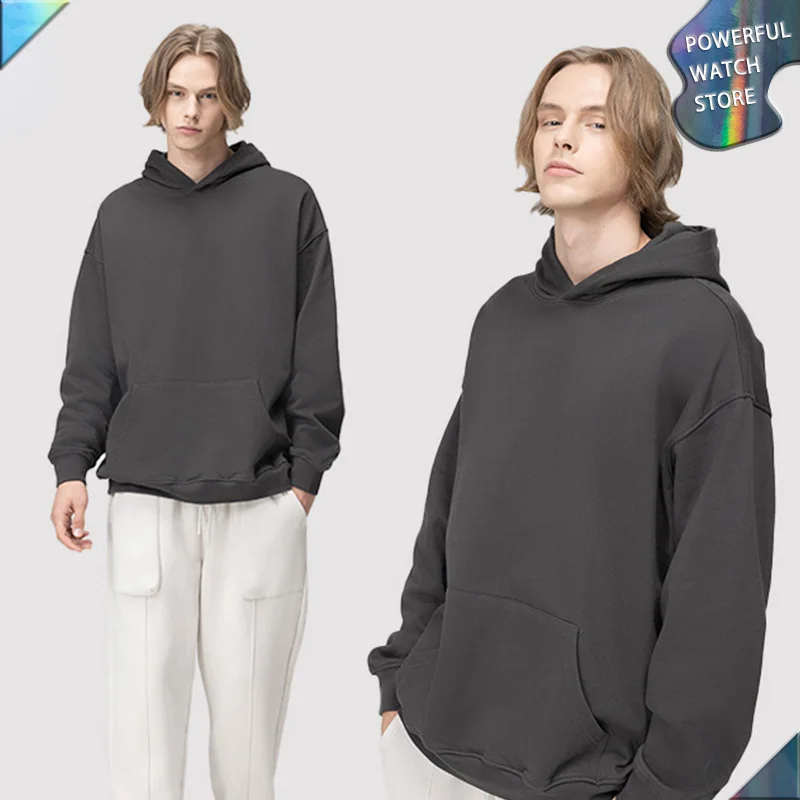 

2022 High Quality Autumn Light Fleece 380g Plus Velvet Solid Color Sweater Fog Earth Color American Tide Brand Top Men's Hoodie