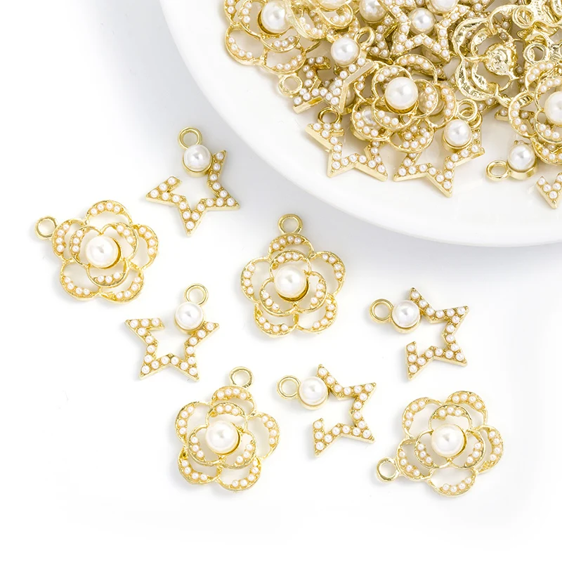 

10Pcs Korean Pop Gold Plated Flower Star With Pearl Charms For DIY Jewelry Making Women Necklace Earrings Vintage Alloy Pendant