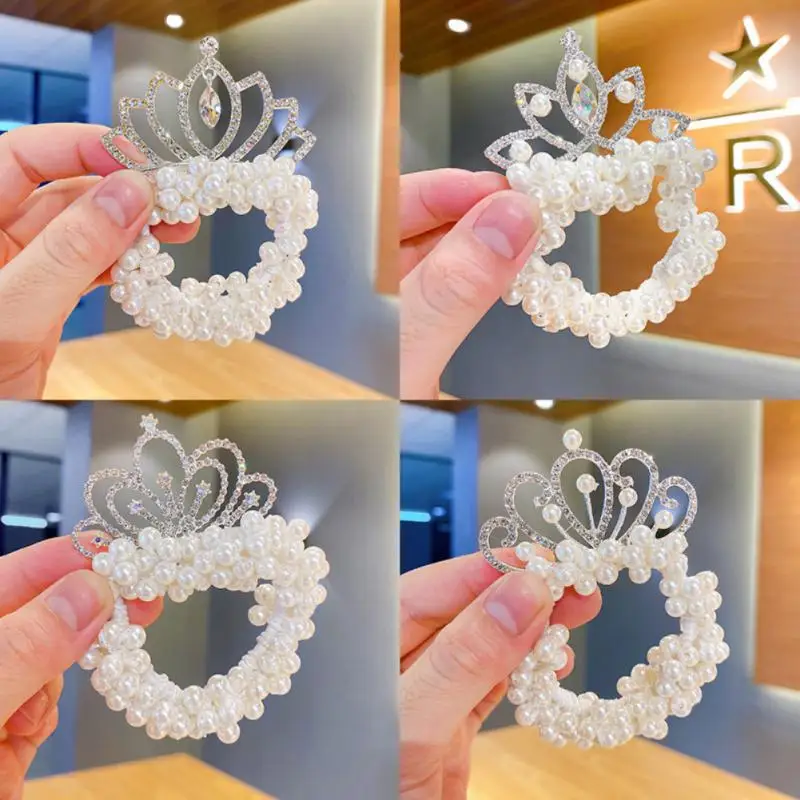 

Princess Hair Ties Cartoon Hair Bands White Fashion Ponytail Holder Hair Jewelry Crown Cute Headstring Elastic Pearl Beads