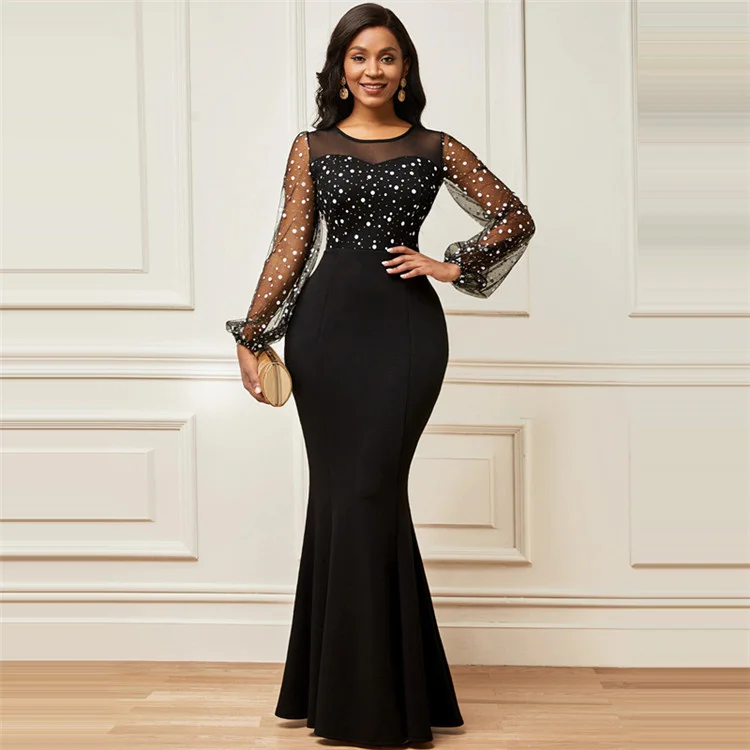 

2022 New Round Neck Mesh Panel Long Sleeve Elegant Slim Dress