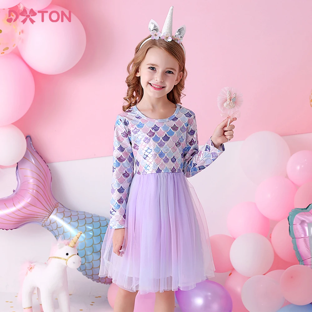 

DXTON New Kids Dresses For Girls Long Sleeve Birthday Girl Dress Elegant Children Costume Bow Girls Wedding Dress Party Clothes