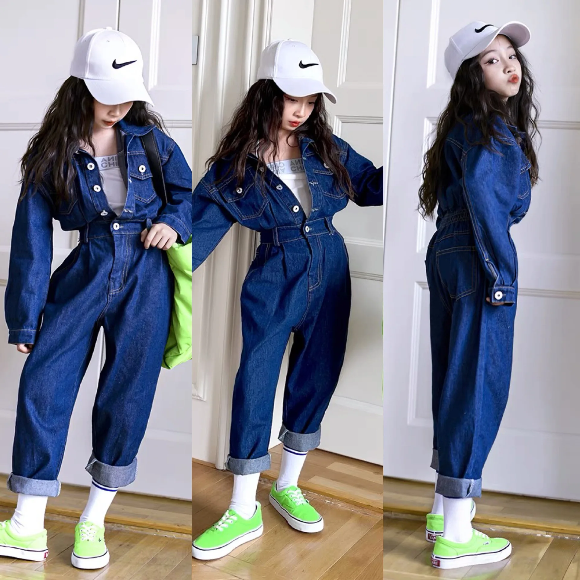 

10 12 years Girls Denim Overalls Fashion Streewear Long Sleeve Loose Fashion Jeans Jumpsuits Teen Girl Outfits