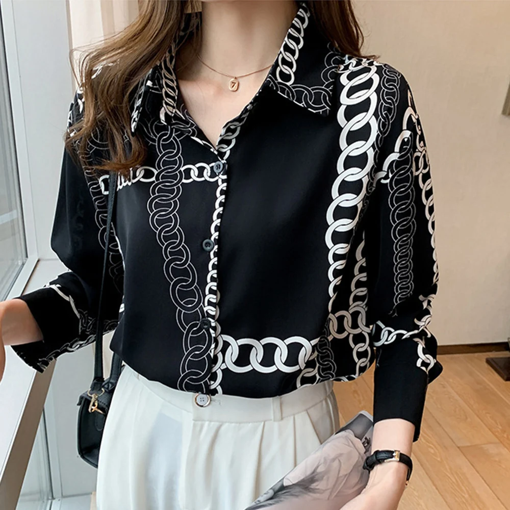 

Женская блузка с длинным рукавом, элегантная однобортная черная шифоновая Свободная рубашка средней длины с принтом, повседневный женский ...
