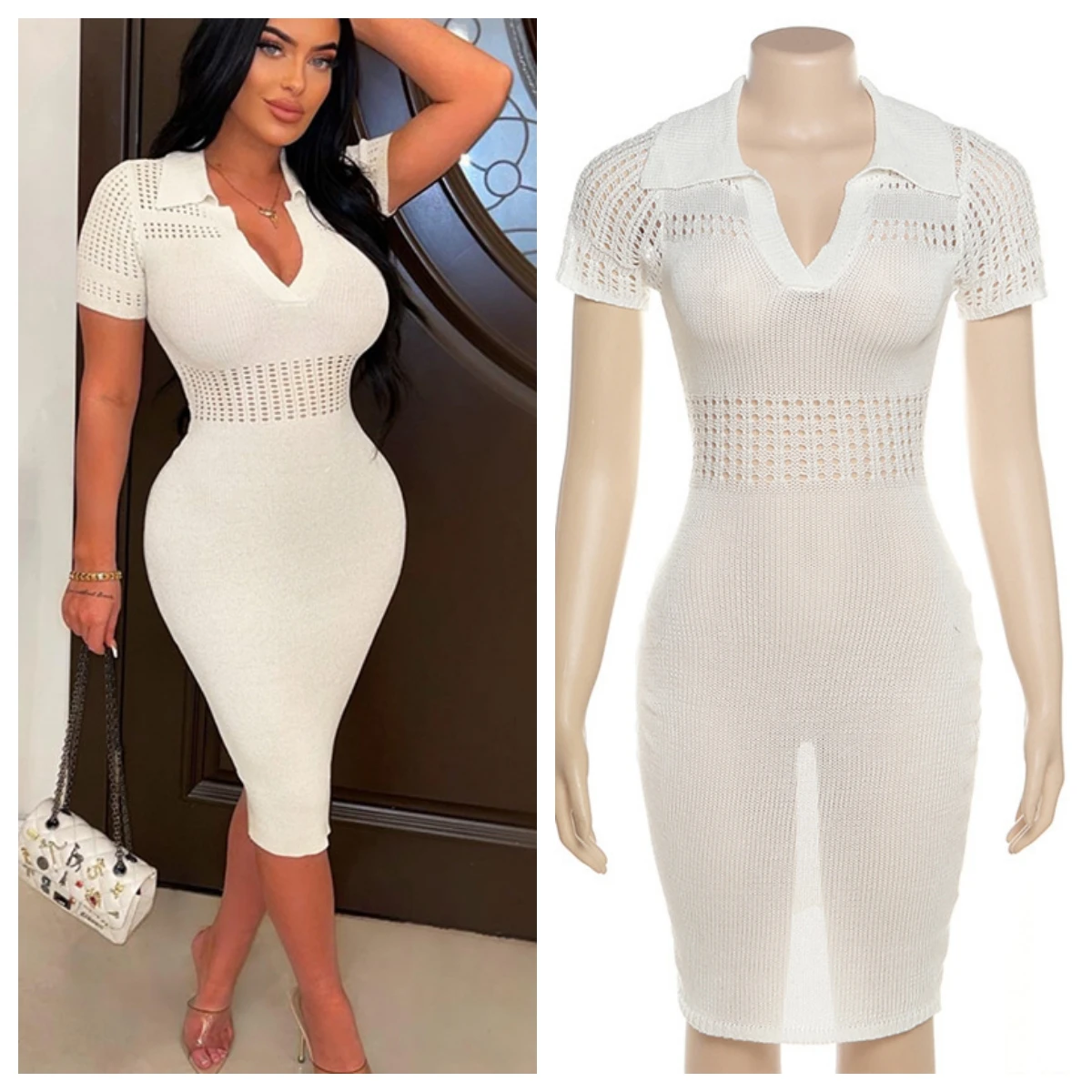 

Summer Hollow Out Sexy Knitted Y2K Clothes Short Sleeve V-Neck Bodycon Midi Dresses For Women Club Birthday Party Outfits