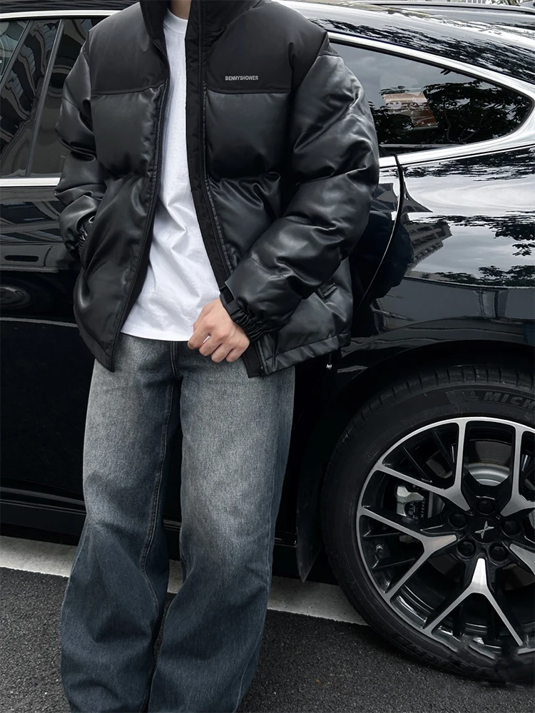 Мужской зимний пуховик из искусственной кожи с воротником-стойкой American-Sle модная