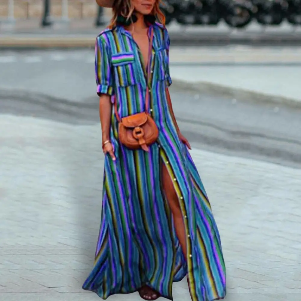 

Women's Striped Long Dress Fashion Color Contrast Lapel Collar Button Down Cardigan Bohemian Polyester Comfort Ladies Dress Wome