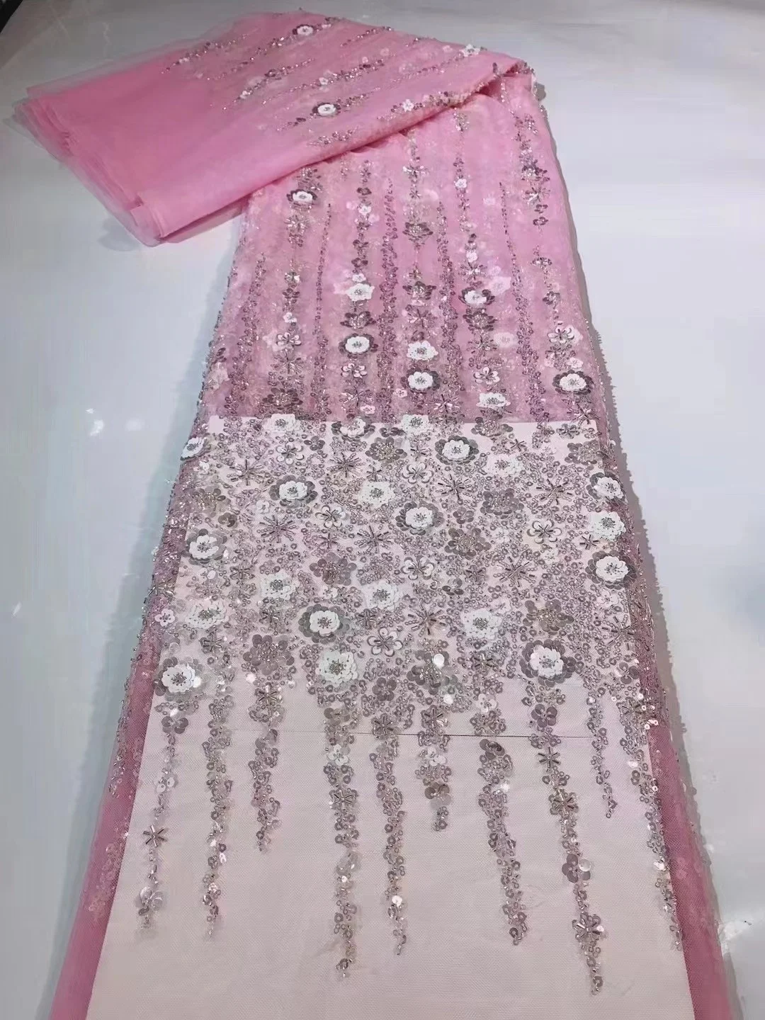 

Pink Bridal Tulle Lace Fabric Luxury Quality Wedding 2022 African Lace Mesh Beaded Embroidery Sequins Fabric 5Yards