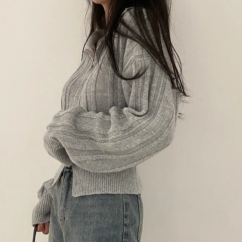 Корейский свитер с двойной молнией и лацканами повседневный длинными рукавами