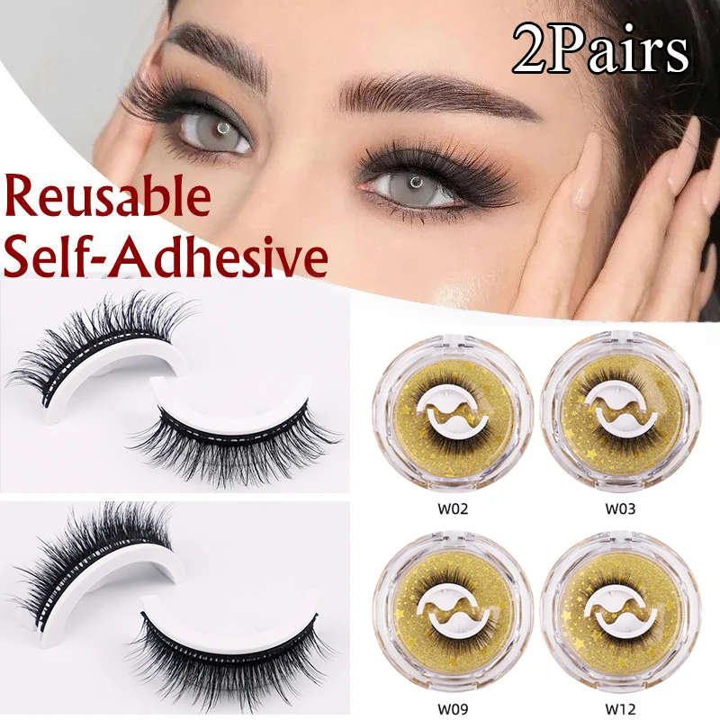 

2 Pairs False Eyelashes Hand Made Reusable Full Strip Lashes Lashes Extension Glue-Free Self-adhesive Strip Natural Supplies