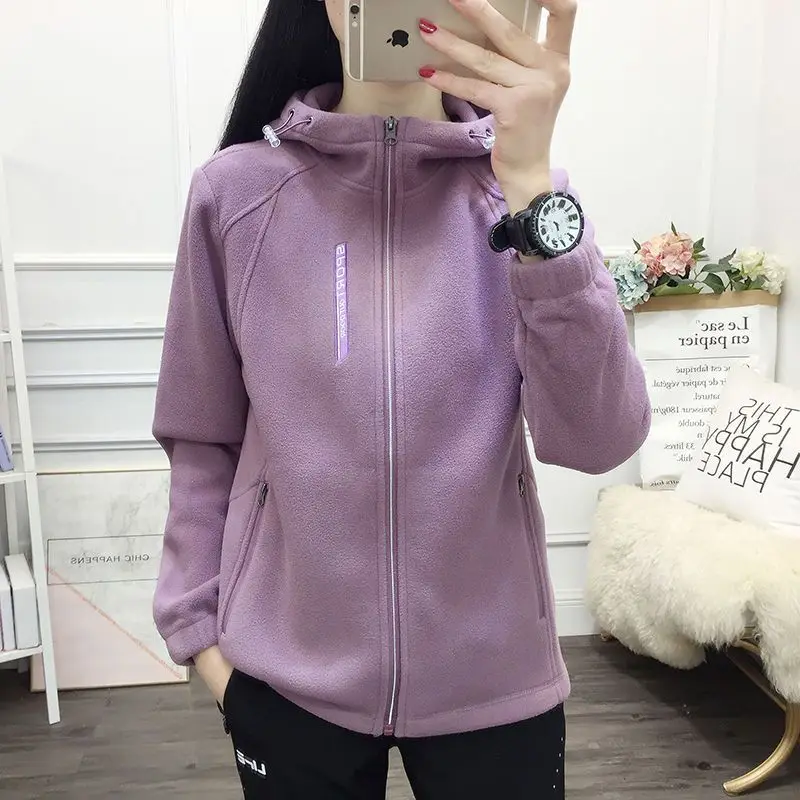 2022Spring and Autumn Outdoor Hooded Fleece Jacket for Women Loose Warm and Versatile Fleece Casual Mountaineering Zipper Hiking