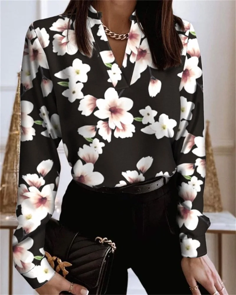 

Oversized Blouse Women V Neck Long Sleeve Blouses Summer Vintage Floral Print Tunic Tops Elegant Ladies Slim OL Casual Shirts